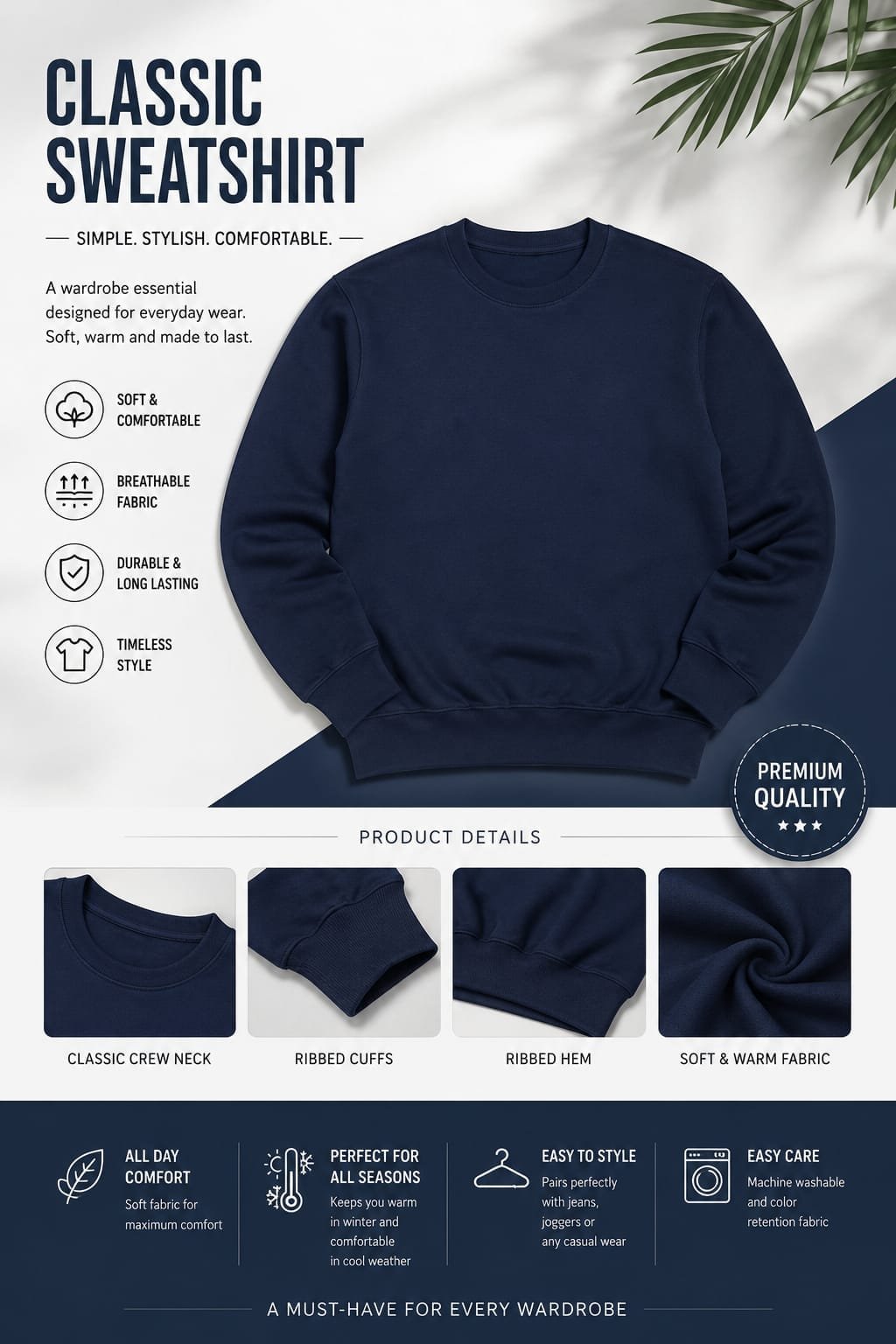 Men's Classic Crewneck Sweatshirt Men's Classic Crewneck Sweatshirt - Navy Blue | New Arrival 2026 | Dee Attire